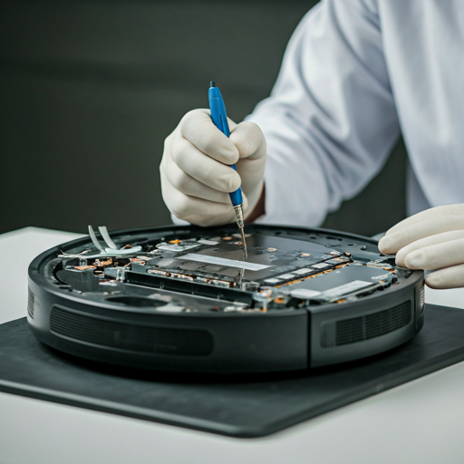 Técnico neotec a reparar robô aspirador